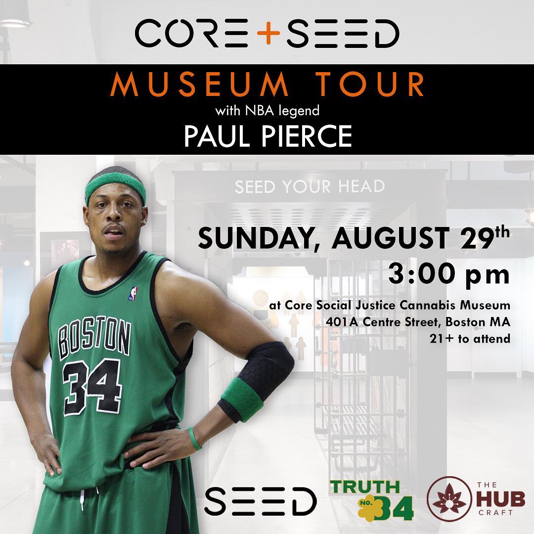 Join us tomorrow, Sunday, August 29th at 3:00pm, for a museum tour with NBA legend, Paul Pierce!@paulpierce will be visiting Seed + @corecannabismuseum to experience the current exhibition, American Warden.Following the tour, attendees can test their Paul Pierce knowledge to win prizes during a round of trivia.See you Sunday!@thehubcraft.ma