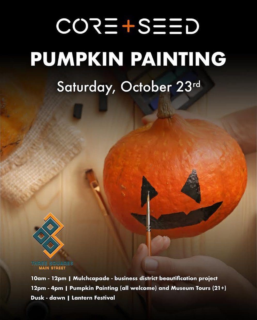 Join us on Saturday for a day of community service and Halloween celebrations!We'll be beautifying our neighborhood by spreading fresh mulch with @threesquaresms from 10 am - 12 pm, and decorating pumpkins with the community from 12 pm - 4 pm.Take advantage of free museum tours during this time, and stick around to march with us to the Lantern Festival starting at dusk. See you then!