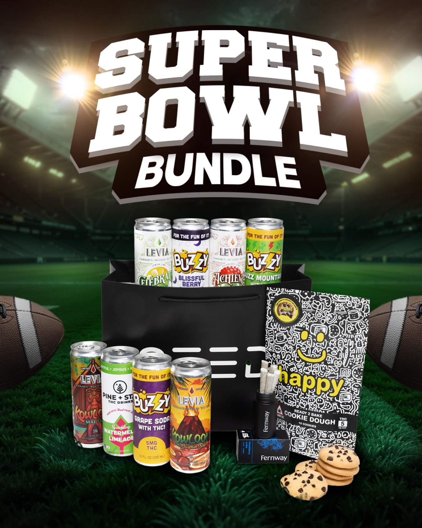 Game Day Ready?
Who’s your pick to win the big game?Our SuperBowl Bundle has everything you need to keep the vibes high and the snacks flowing:8 refreshing drinks from @leviabrands, @buzzydrinks, and @drinkpineandstar
Happy Bakes Cookies
A 5pk from @fernway.ma for the ultimate chill