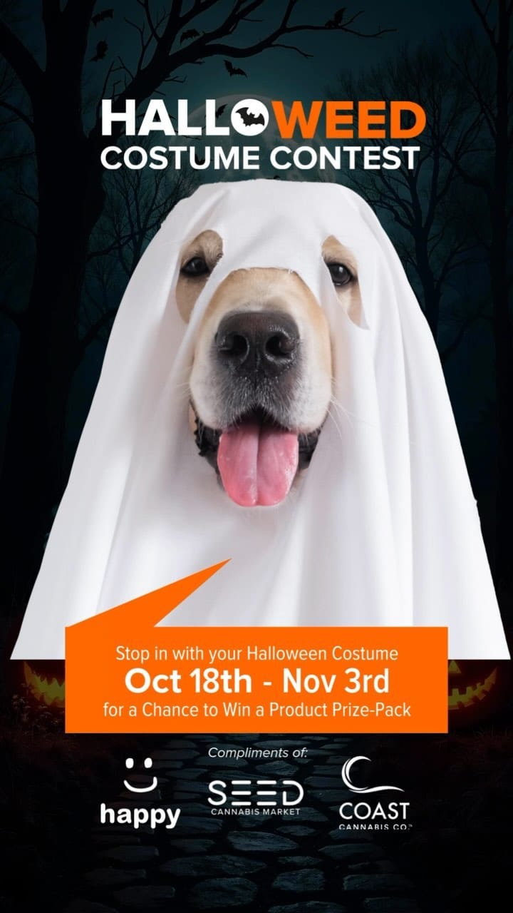 Cannacostume Contest 2024Ready to win BIG this Halloween?  Seed, Happy, and Coast Cannabis are teaming up to bring you an epic prize pack!  Here’s how to enter:STEP 1: Dress up in your best Halloween costume!
📸 STEP 2: Snap a selfie inside Seed’s life-size Stash Box
STEP 3: Post it on Instagram, tag @Seedyourhead & @Coastcannaco
🏷️ STEP 4: Use the hashtag
The top 3 costumes will win! Winners announced November 4th. Good luck!