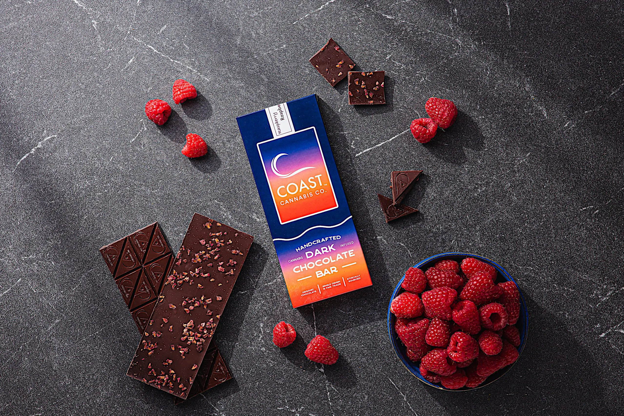 Dark Chocolate & Raspberry Bar | 20pc | Coast Cannabis Co. 1 Dark Chocolate & Raspberry Bar | 20pc | Coast Cannabis Co.