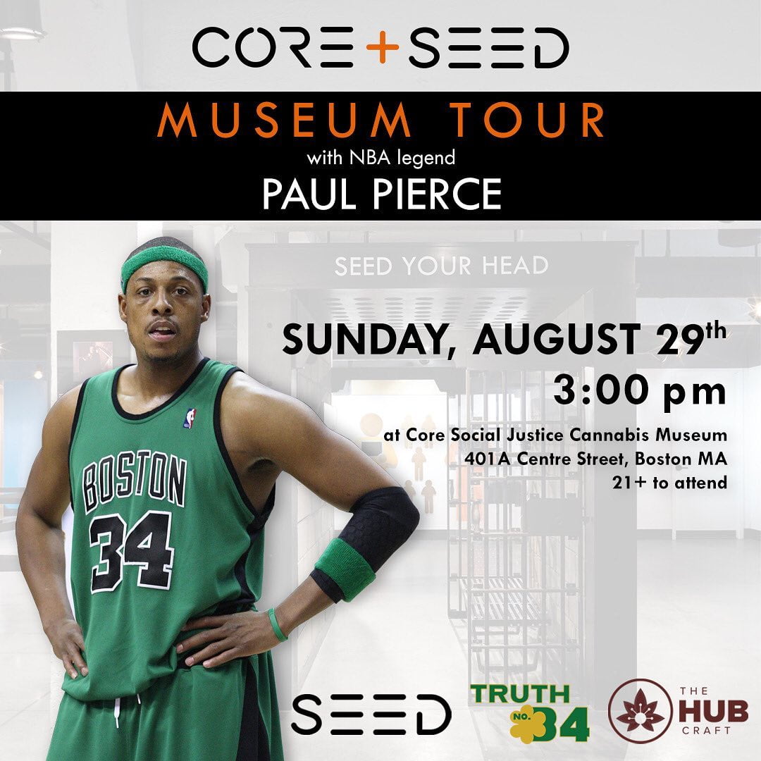 Join us tomorrow, Sunday, August 29th at 3:00pm, for a museum tour with NBA legend, Paul Pierce!@paulpierce will be visiting @seedyourhead + Core Social Justice Cannabis Museum to experience the current exhibition, American Warden, and to interact with guests.Following the tour, attendees can test their Paul Pierce knowledge to win prizes during a round of trivia.See you Sunday!@thehubcraft.ma